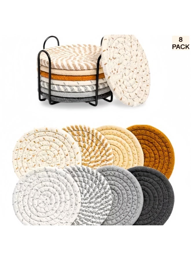 8 Pcs Drink Coasters with Holder, 8 Colors Absorbent Coasters for Drinks Minimalist Cup Coasters Cotton Coaster Set Woven Coasters for Coffee Table Home Decor Bar Housewarming Gift, 4.3 Inch - Image 1